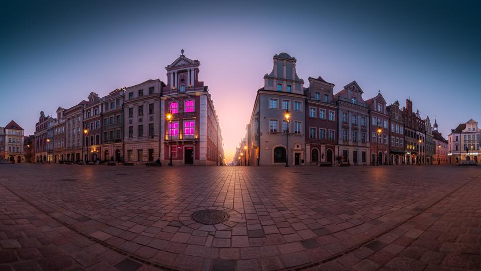 Panoramic view at east side of Poznan Old Market square
